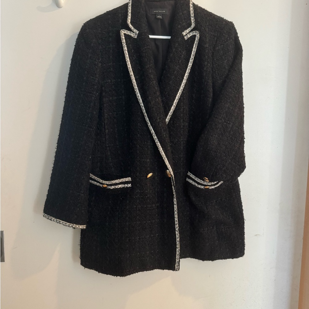 Ann Taylor Black Tweed Blazer with White Trim